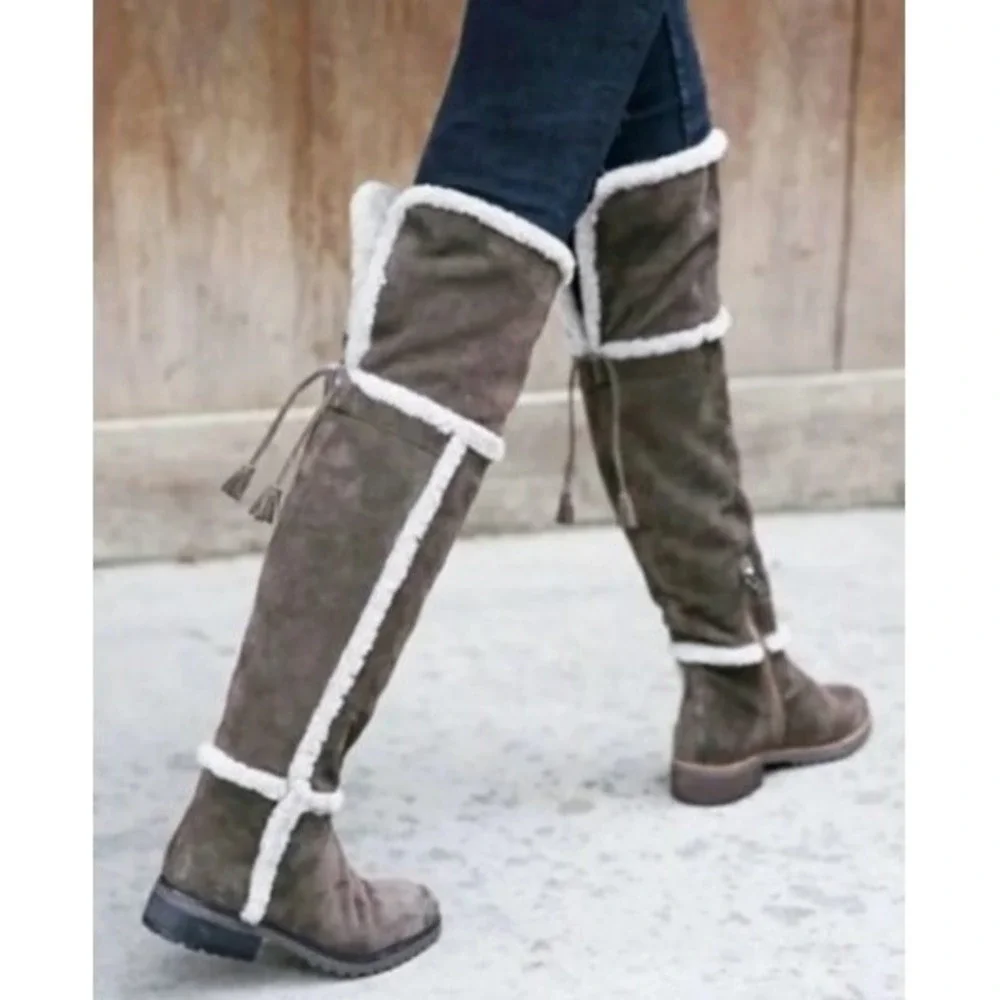 FRYE Tamara Shearling Suede $528 Over Knee Boots Sz 7 Low Heel H2O Resistant EUC
